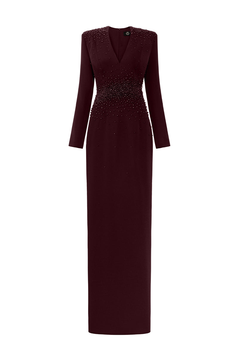 V-Neck Column Gown With Long Sleeves