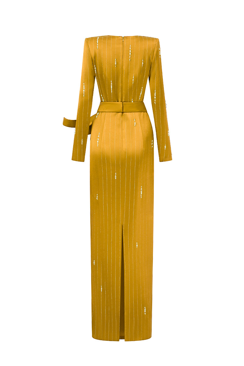 Trapeze Neck Column Gown With Belt Resembling A Wind-Blown Train In Yellow Metallic Striped Silk