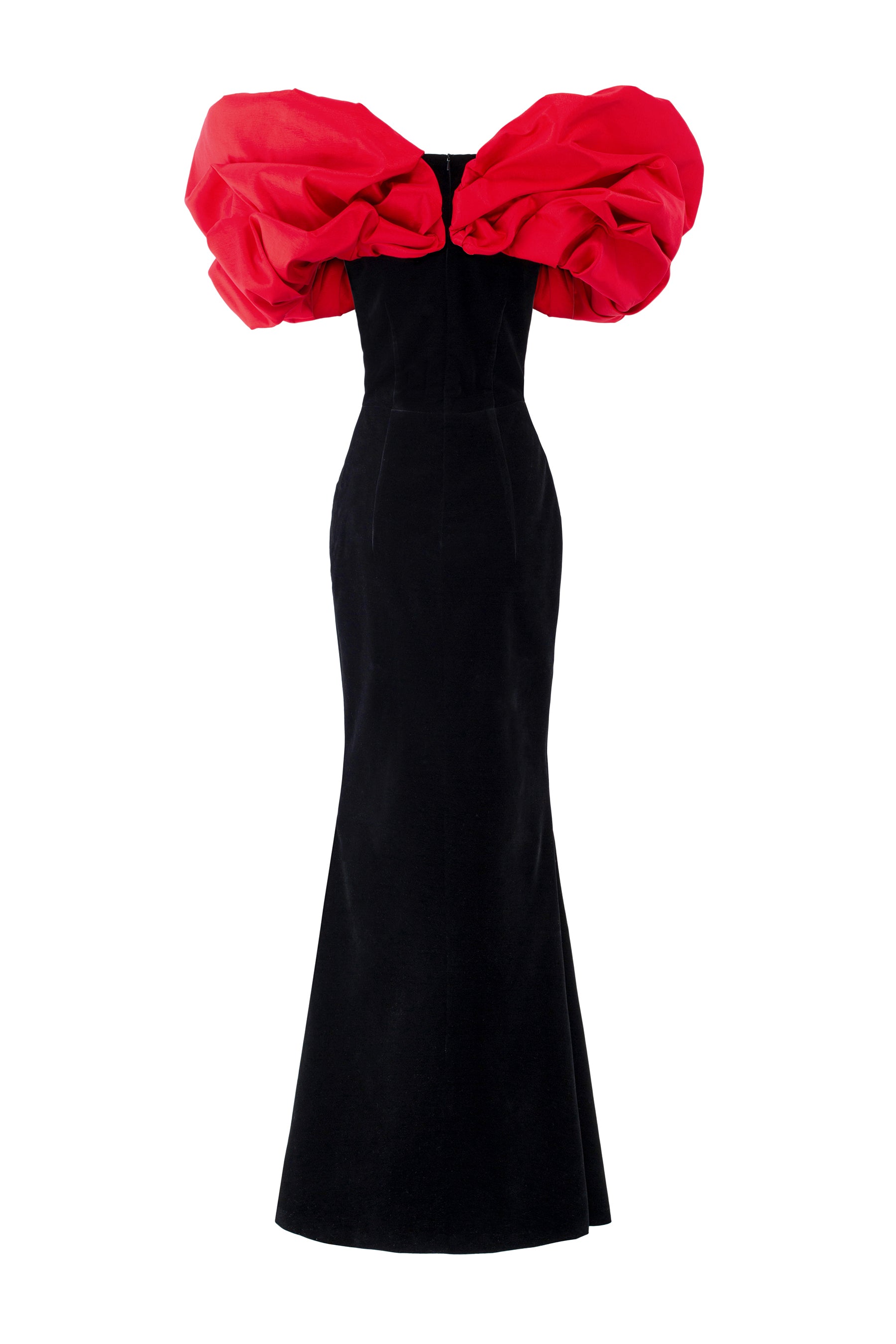Strapless Black Velvet Gown With Draped Shoulder Details