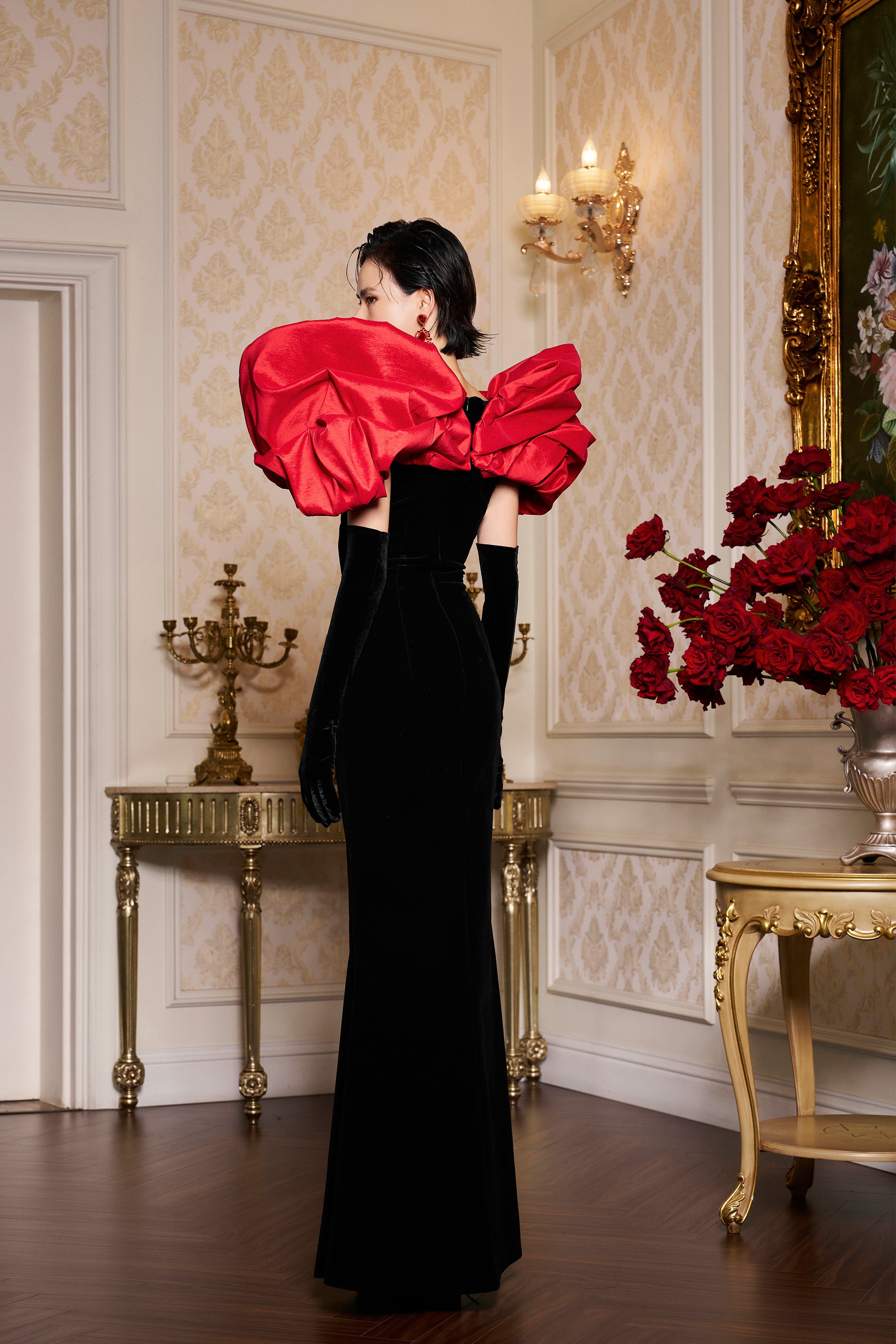 Strapless Black Velvet Gown With Draped Shoulder Details