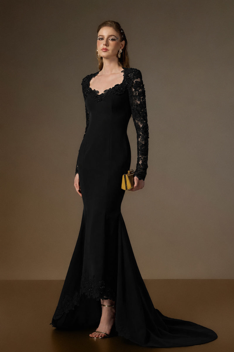 Trapeze Neck Mermaid Gown With Mullet Details In Black Crepe And Floral Garden Mesh Lace