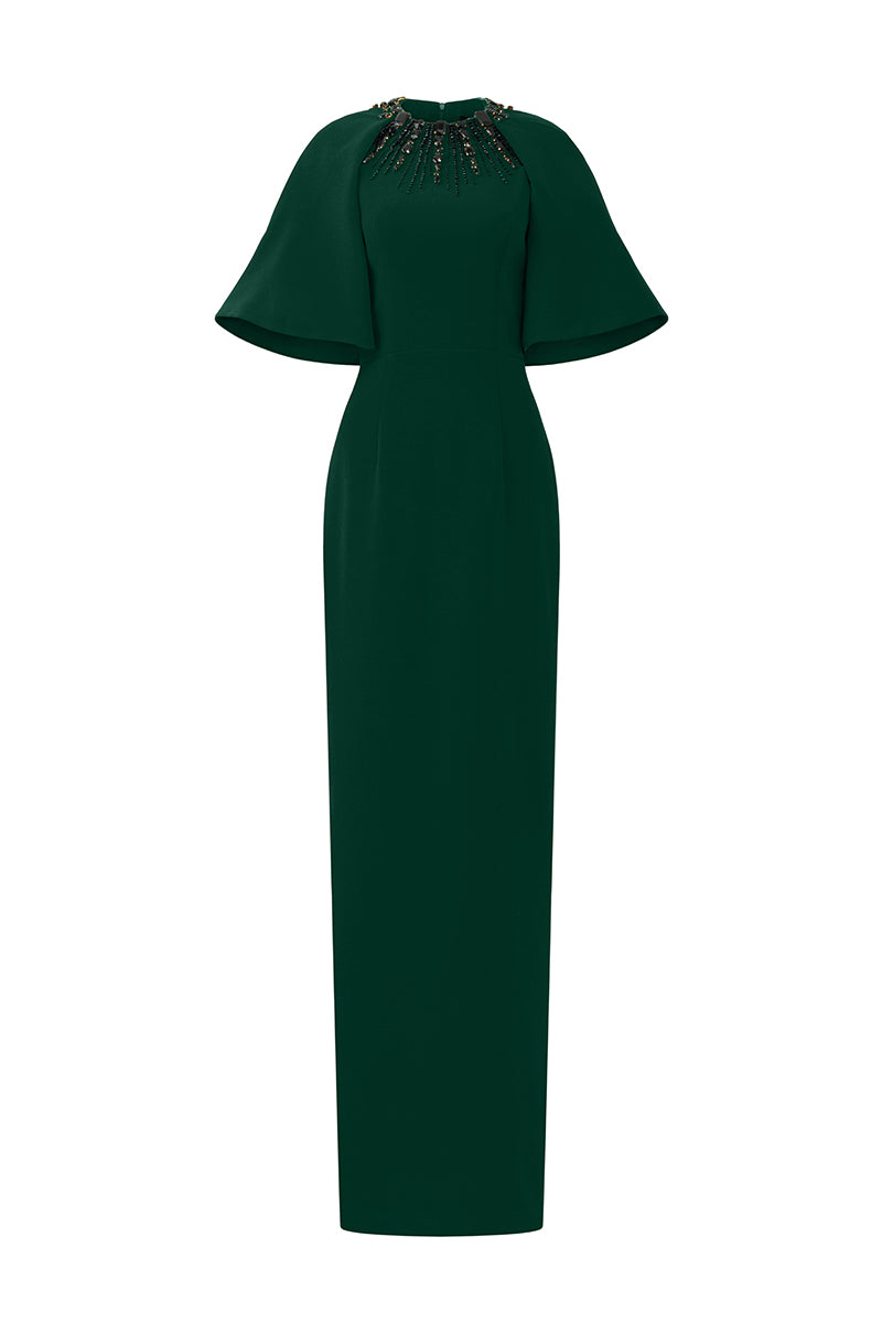Round Neck Column Gown With Exaggerated Raglan Sleeves