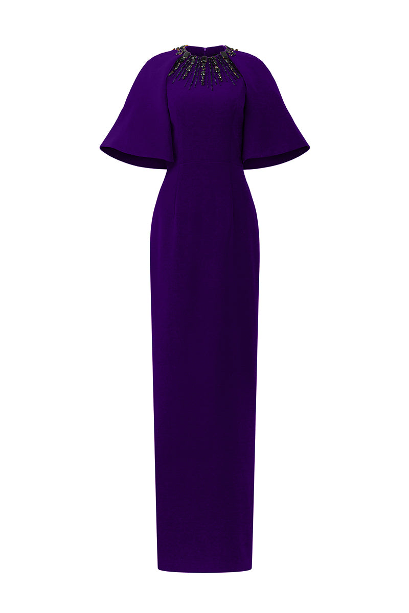 Round Neck Column Gown With Exaggerated Raglan Sleeves