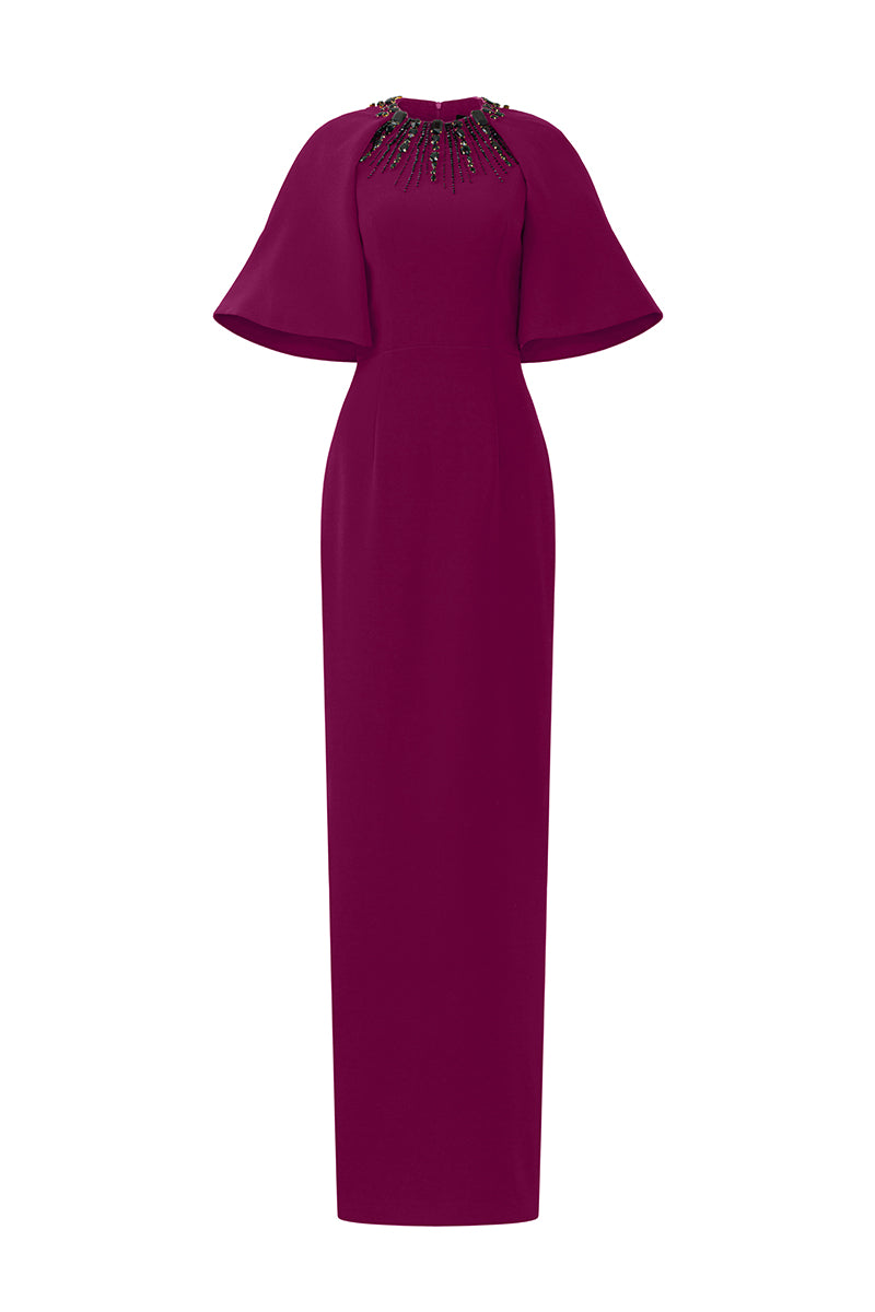 Round Neck Column Gown With Exaggerated Raglan Sleeves