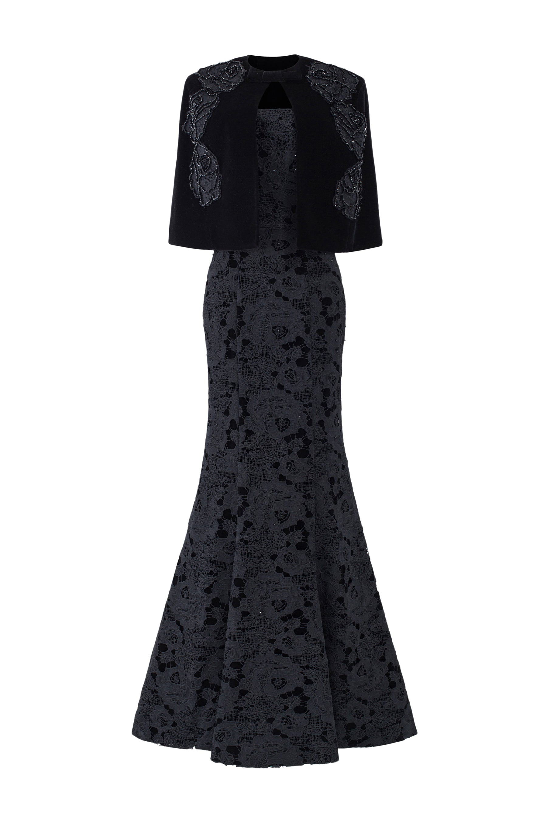 Princess Line Strapless Black Lace and Velvet Dress with Cape