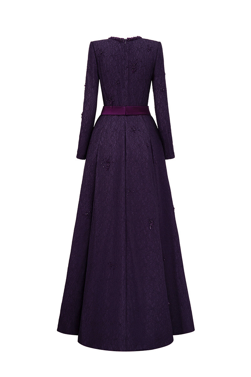 Round Neck A-Line Gown With Red Crystal Embellishments In Purple Vine Guipure Lace
