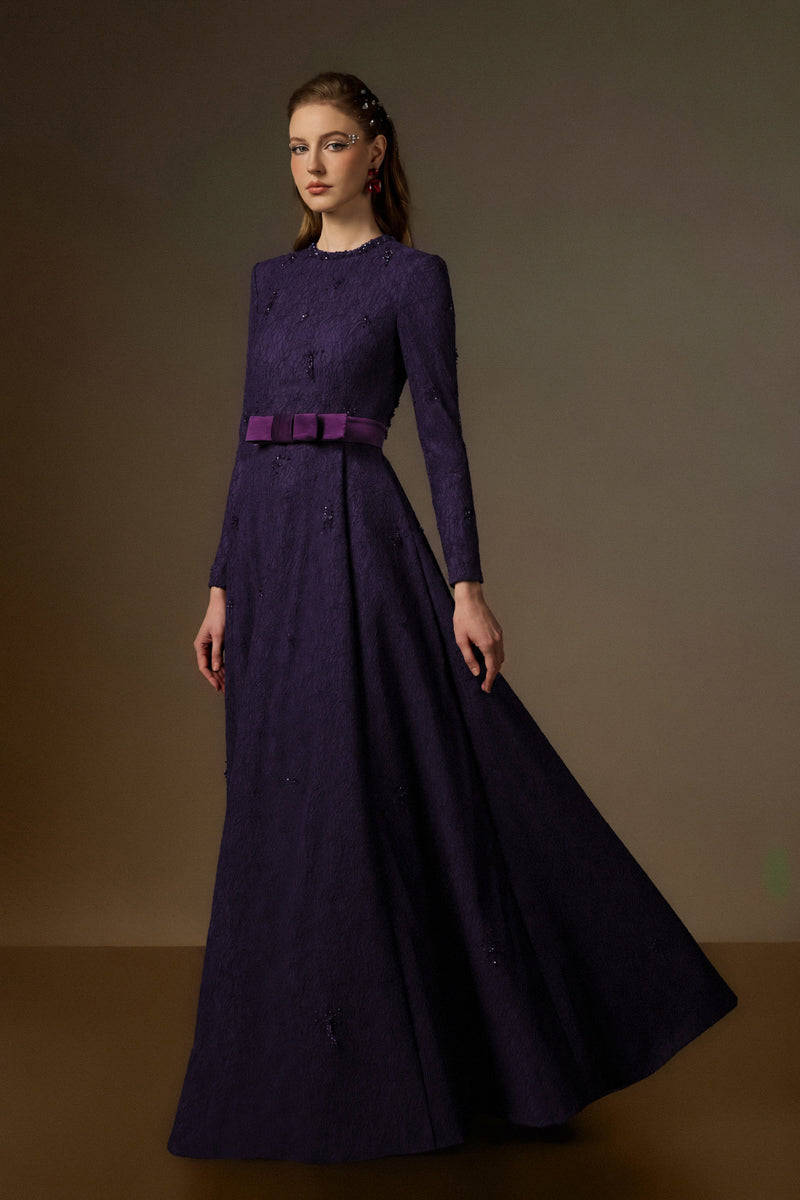 Round Neck A-Line Gown With Red Crystal Embellishments In Purple Vine Guipure Lace