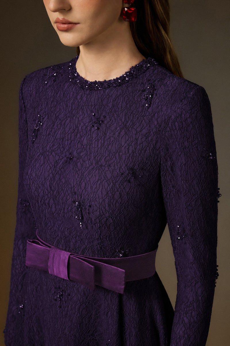 Round Neck A-Line Gown With Red Crystal Embellishments In Purple Vine Guipure Lace