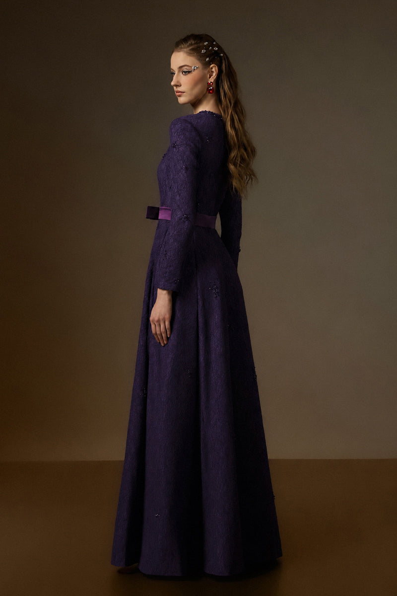 Round Neck A-Line Gown With Red Crystal Embellishments In Purple Vine Guipure Lace