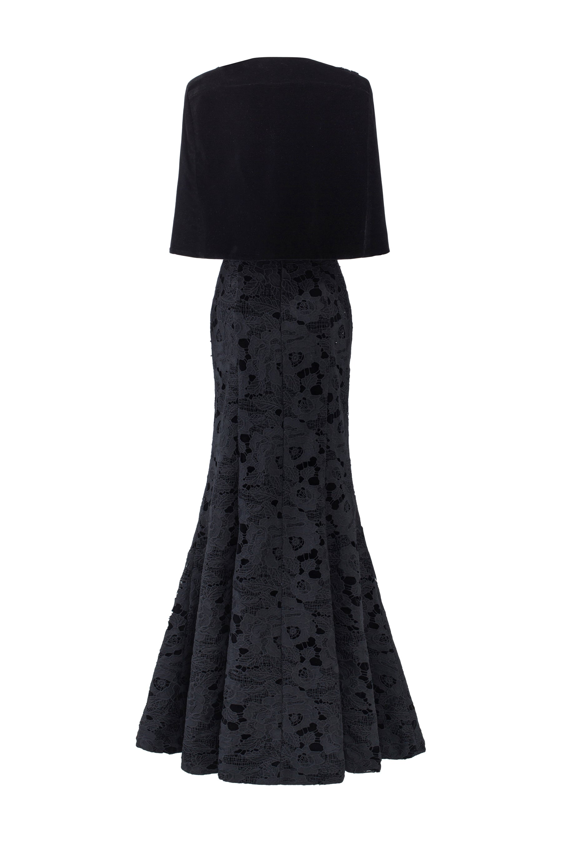 Princess Line Strapless Black Lace and Velvet Dress with Cape