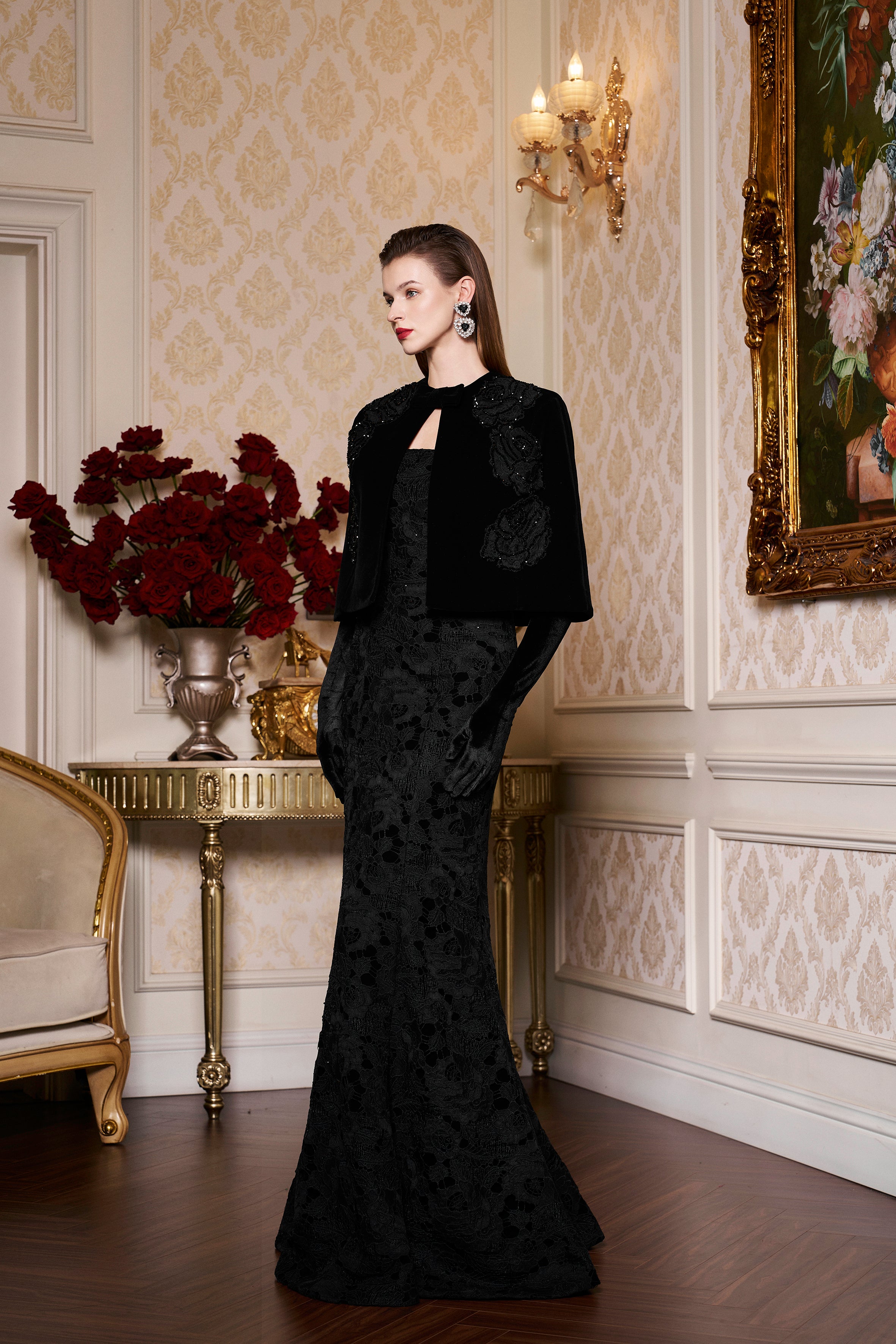 Princess Line Strapless Black Lace and Velvet Dress with Cape