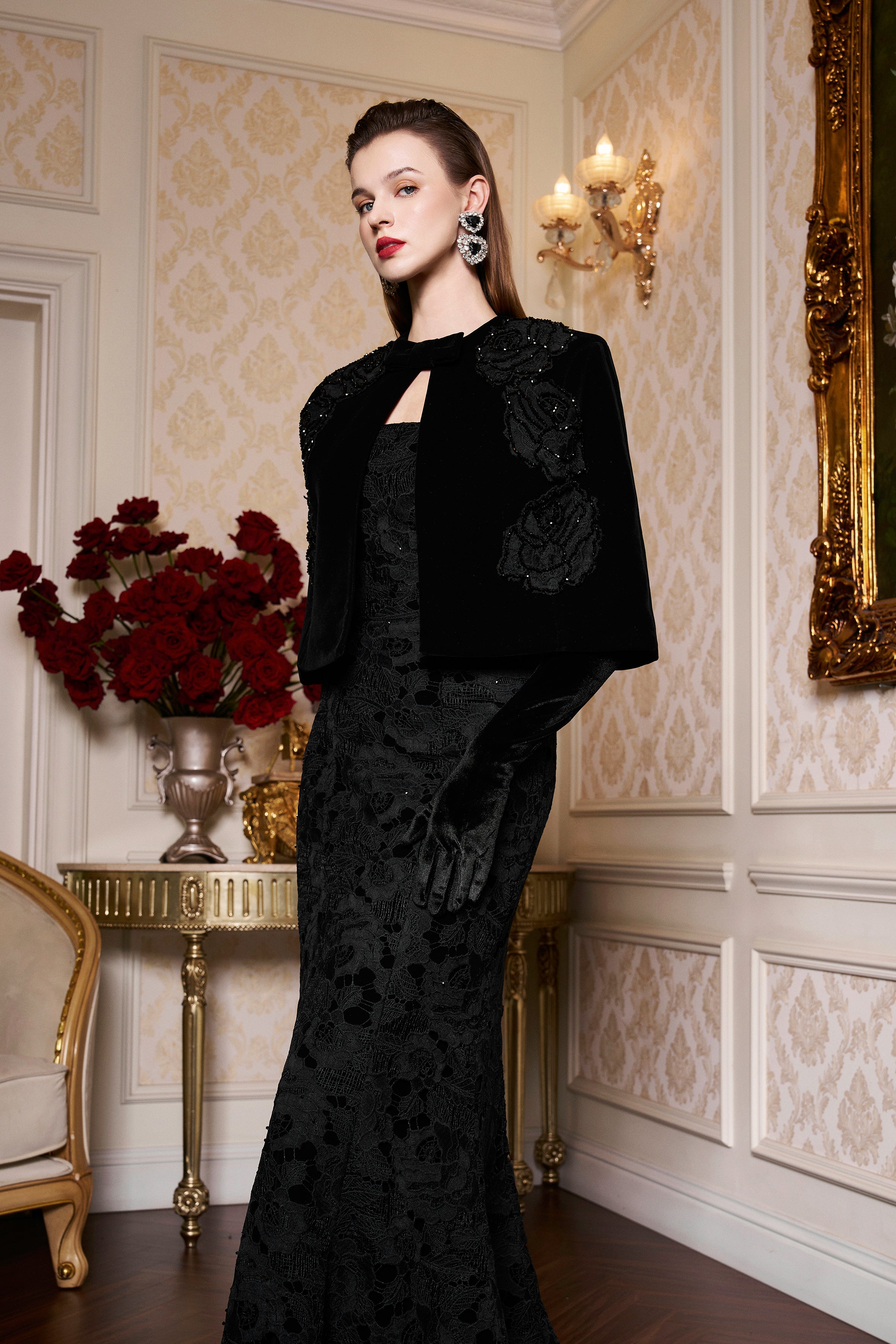 Princess Line Strapless Black Lace and Velvet Dress with Cape