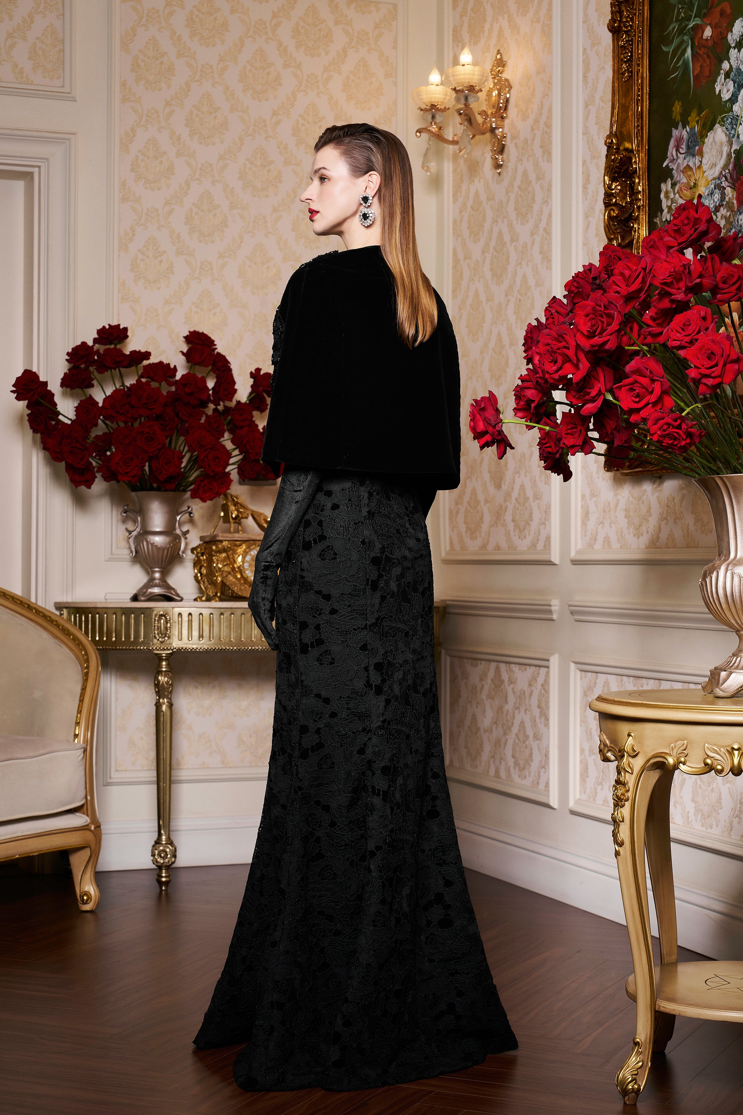 Princess Line Strapless Black Lace and Velvet Dress with Cape