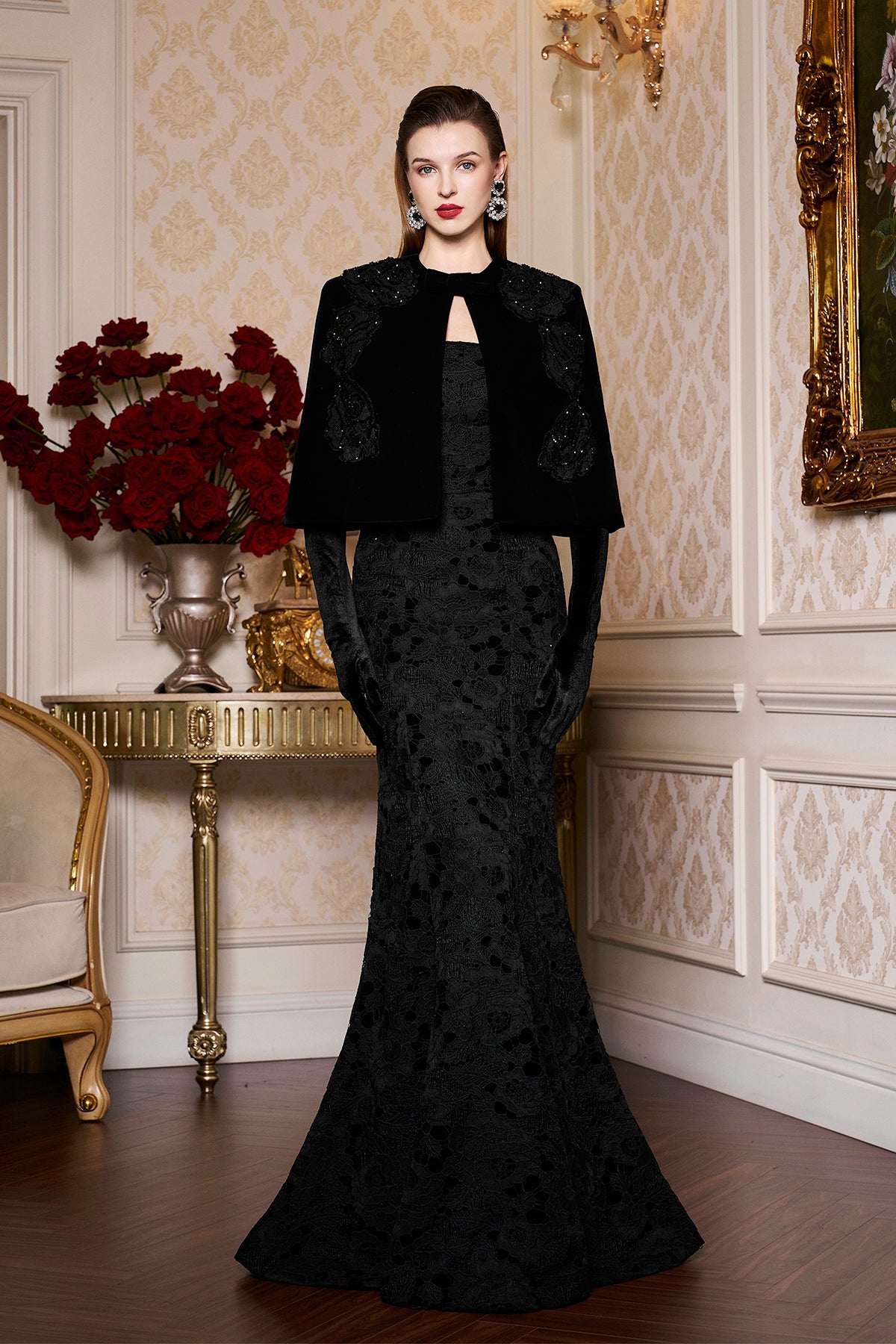 Princess Line Strapless Black Lace and Velvet Dress with Cape