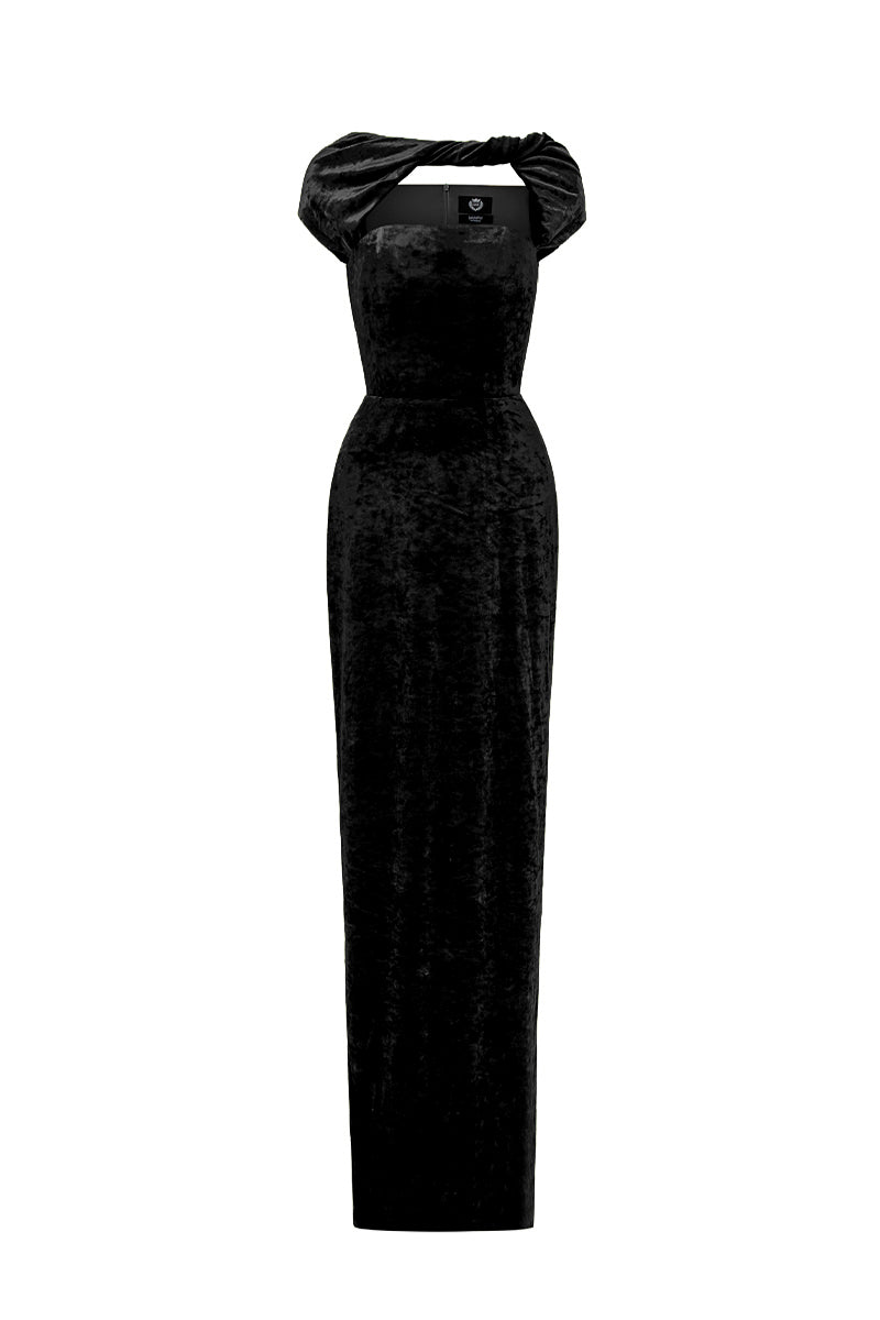 Round Neck Short Sleeve Gown With Draped Details In Black Velvet