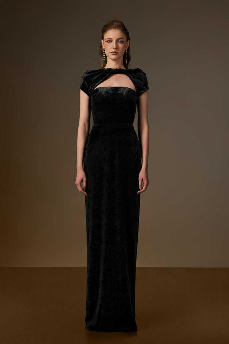 Round Neck Short Sleeve Gown With Draped Details In Black Velvet