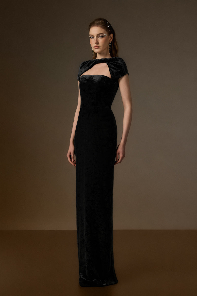 Round Neck Short Sleeve Gown With Draped Details In Black Velvet