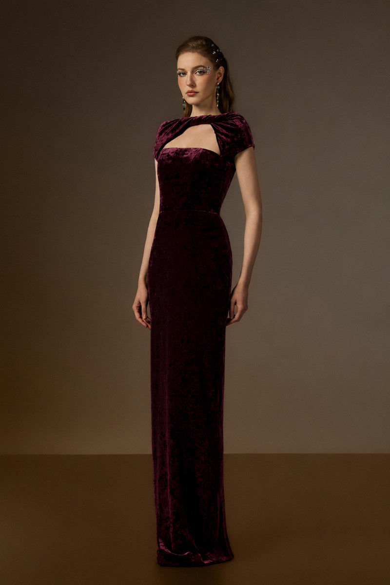 Round Neck Short Sleeve Gown With Draped Details In Dark Pink Velvet