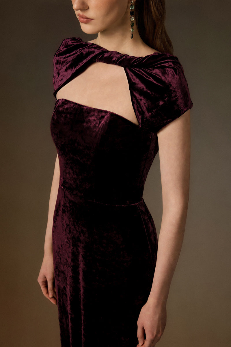 Round Neck Short Sleeve Gown With Draped Details In Dark Pink Velvet