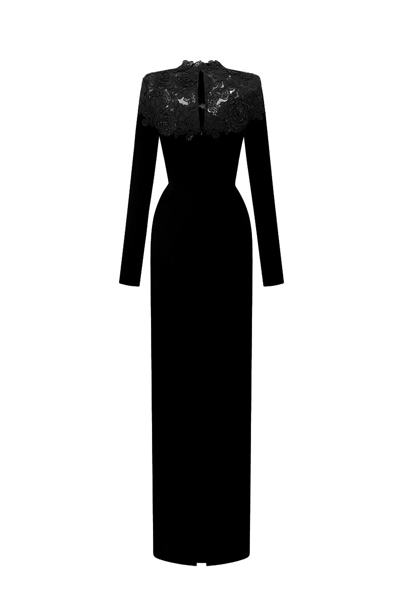 Round Neck Column Gown With Black Crystal Embellishments In Black Crepe And Black Floral Garden Lace