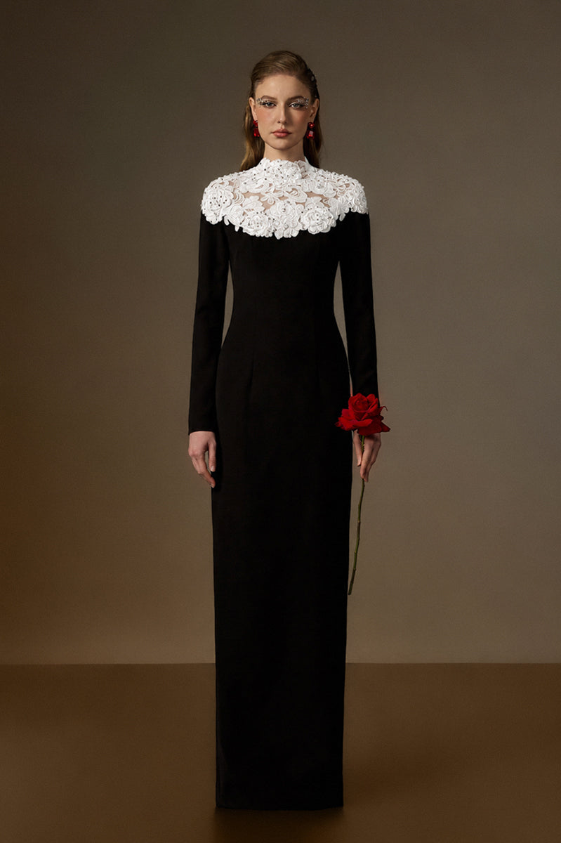 Round Neck Column Gown With Crystal Embellishments In Black Crepe And White Floral Garden Lace