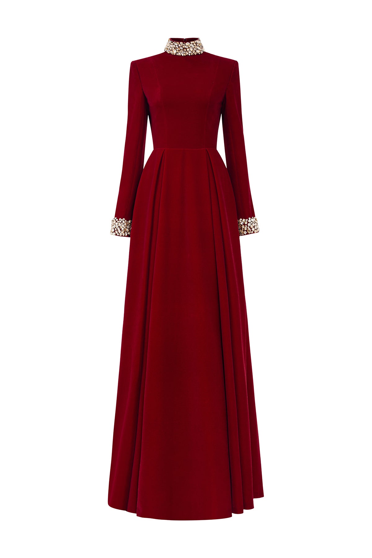 Turtleneck Collar Pleated Waist Velvet Gown