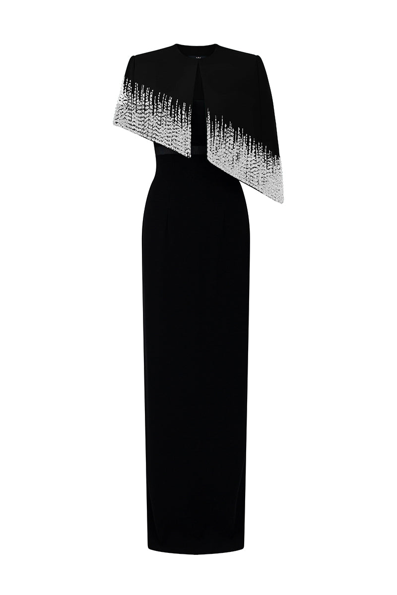 Bustier Column Gown With Mini Cape In Black Taffeta & Black Crepe