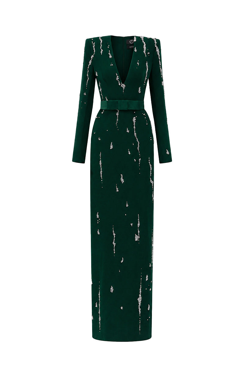 V Neck Column Gown With Flowing-Water Effect Embellishment In Dark Green Crepe