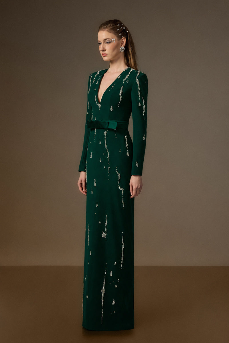 V Neck Column Gown With Flowing-Water Effect Embellishment In Dark Green Crepe