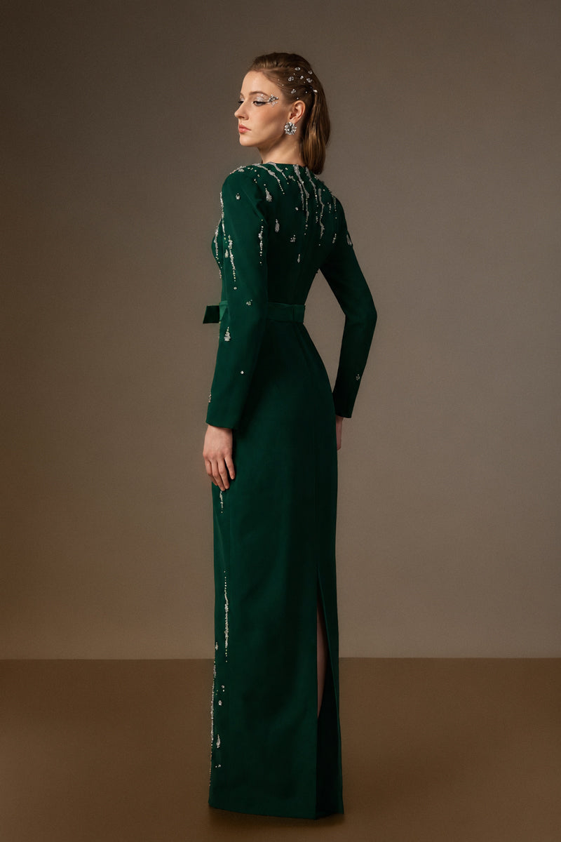 V Neck Column Gown With Flowing-Water Effect Embellishment In Dark Green Crepe