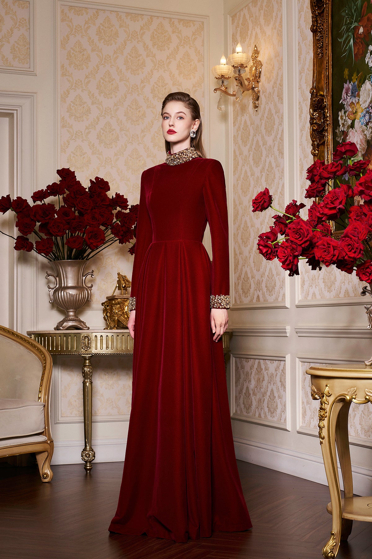 Turtleneck Collar Pleated Waist Velvet Gown
