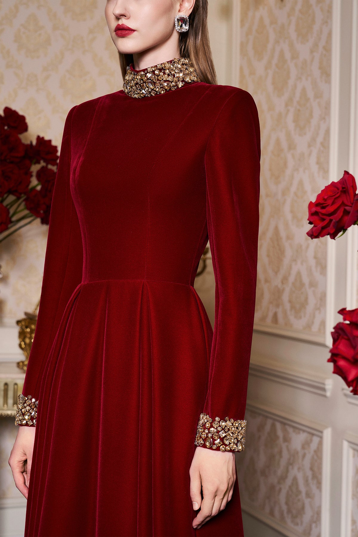 Turtleneck Collar Pleated Waist Velvet Gown