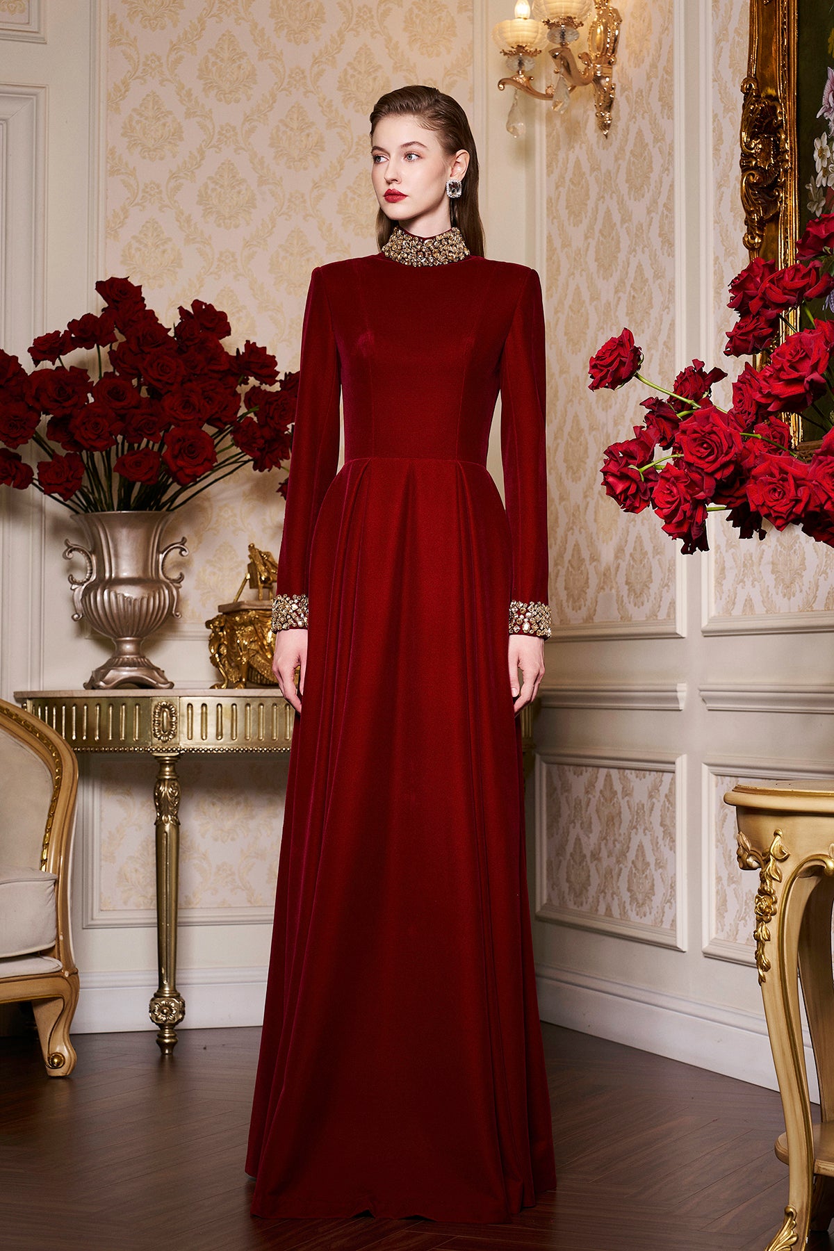 Turtleneck Collar Pleated Waist Velvet Gown