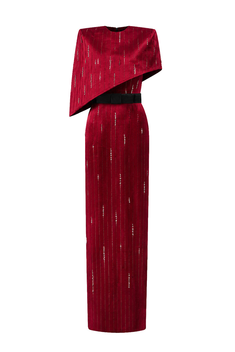 Round Neck Column Gown With Asymmetric Cape In Dark Red Metallic Striped Silk