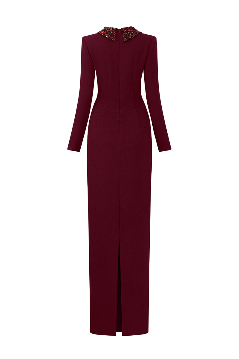 Long Sleeves Column Gown With De-constructed Collar