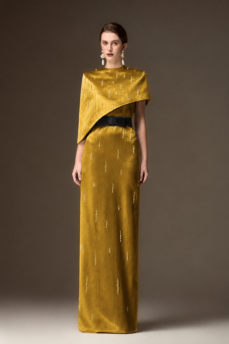 Round Neck Column Gown With Asymmetric Cape In Gold Metallic Striped Silk