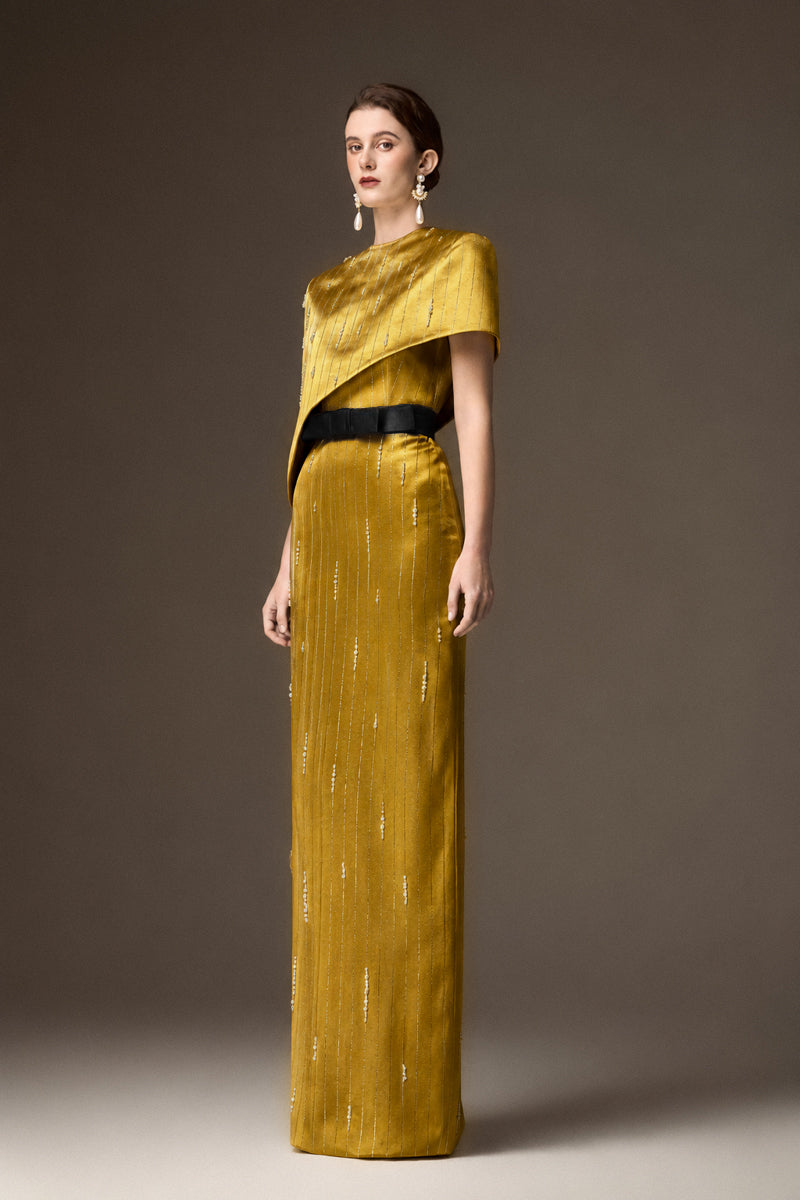 Round Neck Column Gown With Asymmetric Cape In Gold Metallic Striped Silk