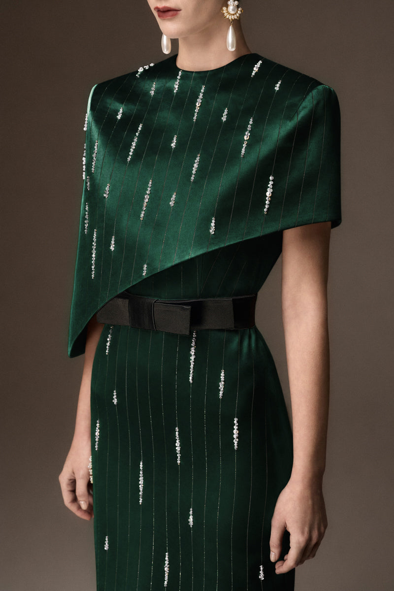 Round Neck Column Gown With Asymmetric Cape In Dark Green Metallic Striped Silk