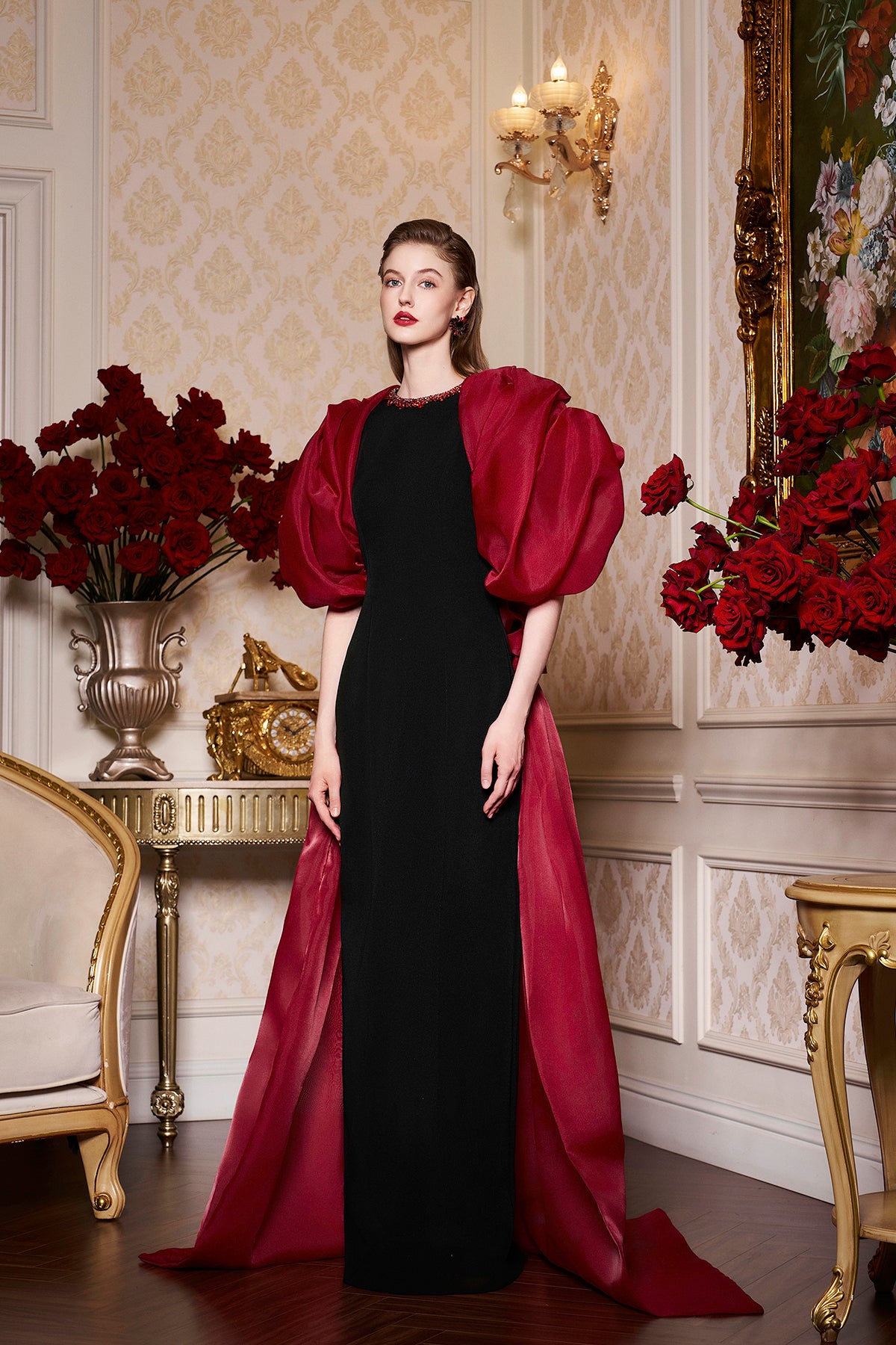 Round Neckline Scuba Gown With Draped Sleeves Organza