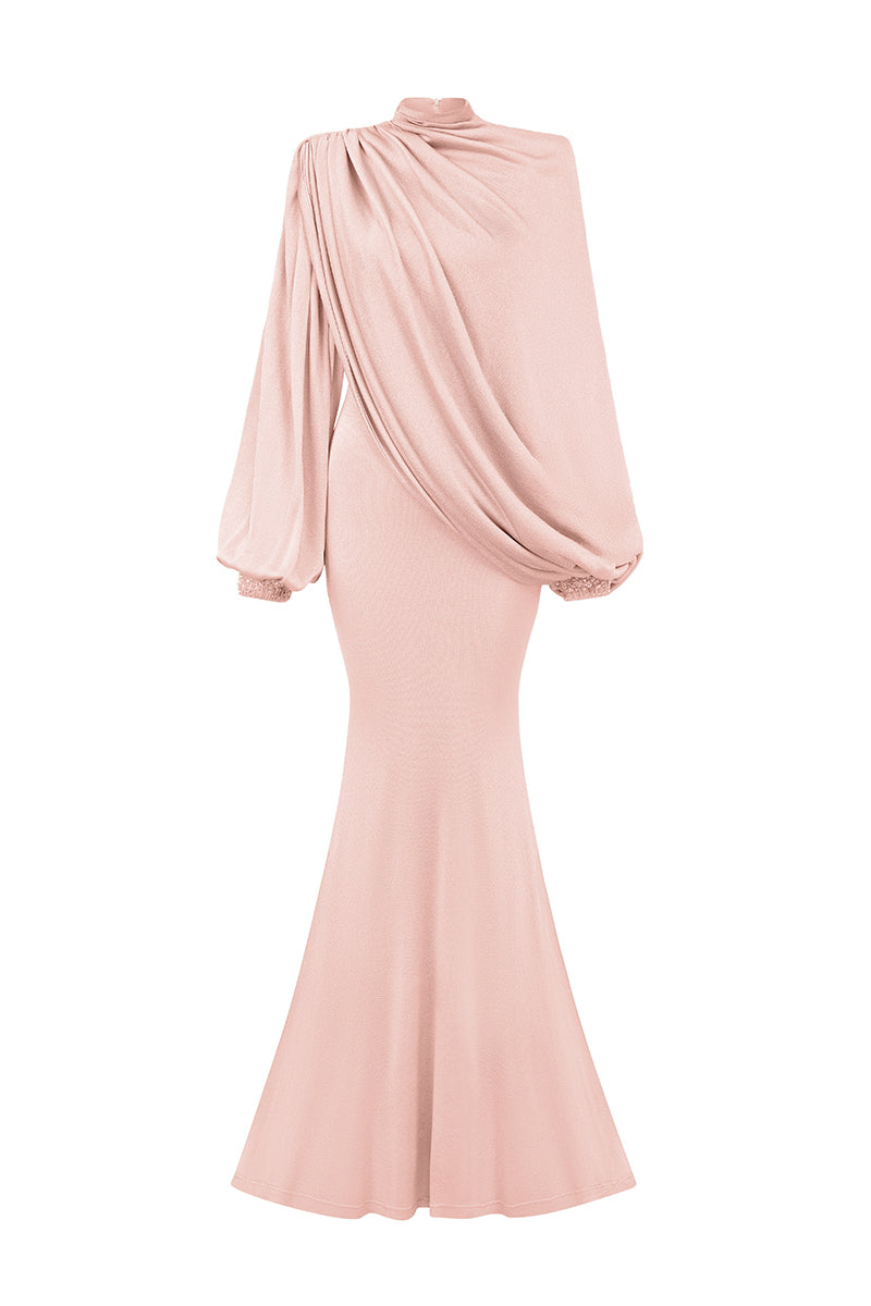 Asymmetric Sleeves Jersey Mermaid Gown