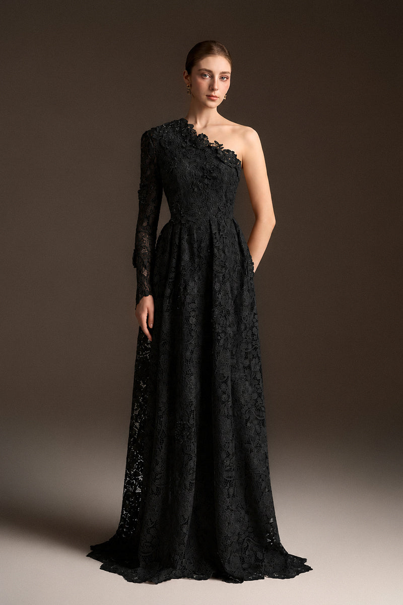 One Shoulder A-line Dress In Bloom Rose Lace