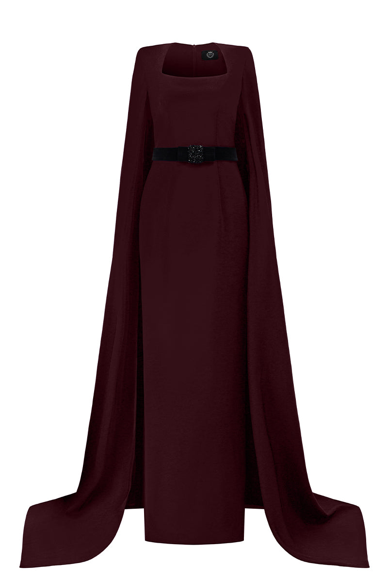 Trapeze Neck Column Gown With Long Cape Sleeves