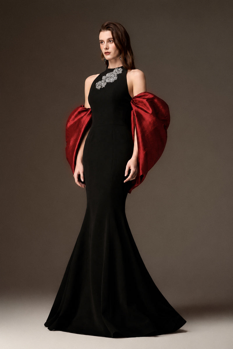 Round Neck Mermaid Gown With Draped Back Train In Black Crepe And Dark Red Taffeta