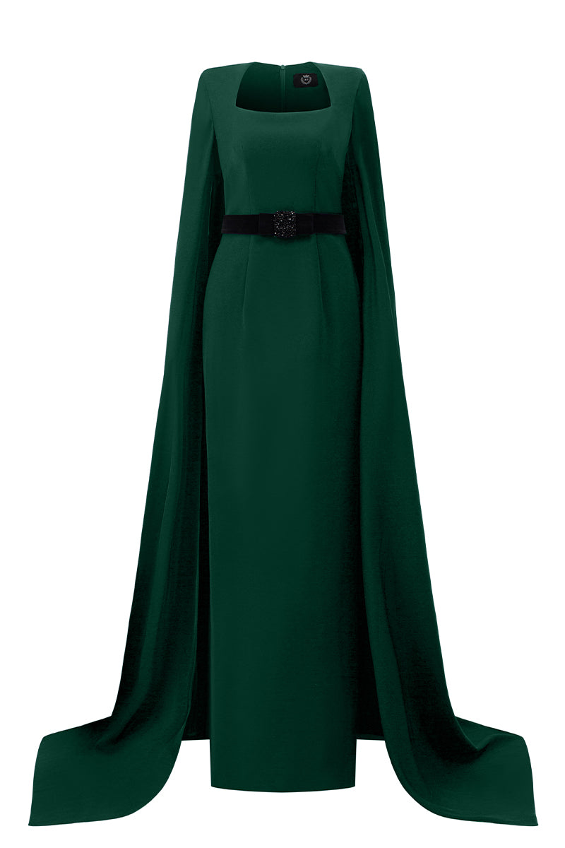 Trapeze Neck Column Gown With Long Cape Sleeves