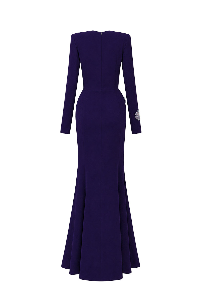 Round Neck Mermaid Gown With Rose-Shaped Crystal Embellishment In Dark Purple Crepe