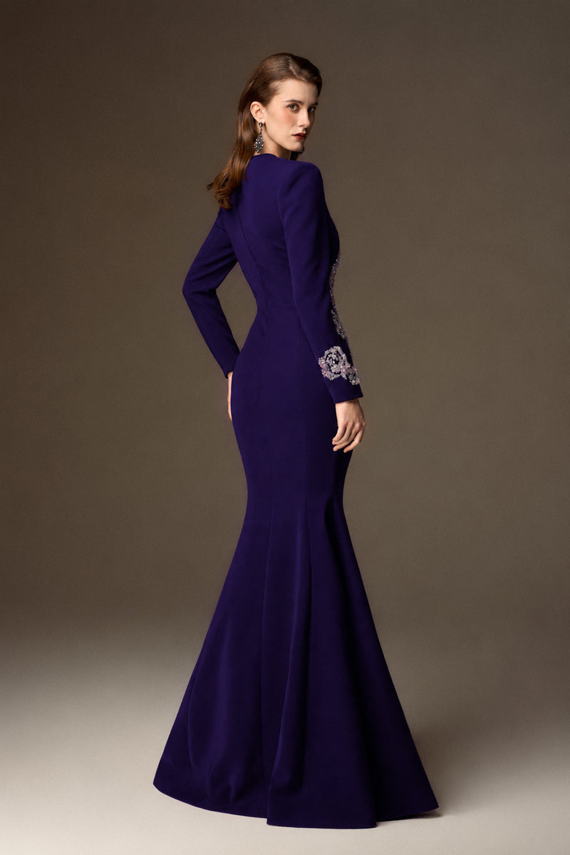 Round Neck Mermaid Gown With Rose-Shaped Crystal Embellishment In Dark Purple Crepe