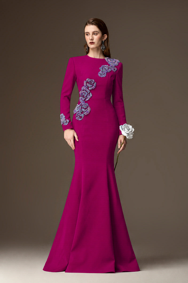 Round Neck Mermaid Gown With Rose-Shaped Crystal Embellishment In Dark Pink Crepe
