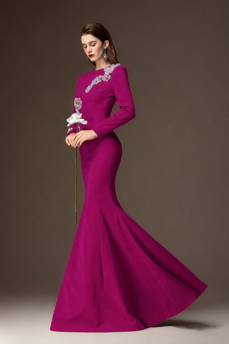 Round Neck Mermaid Gown With Rose-Shaped Crystal Embellishment In Dark Pink Crepe
