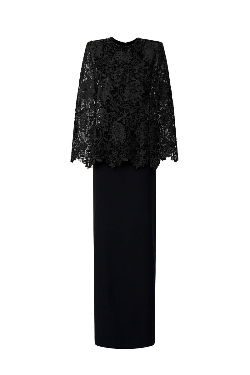 Round Neck Column Gown With Cape In Black Crepe And Black Lily Floral Lace