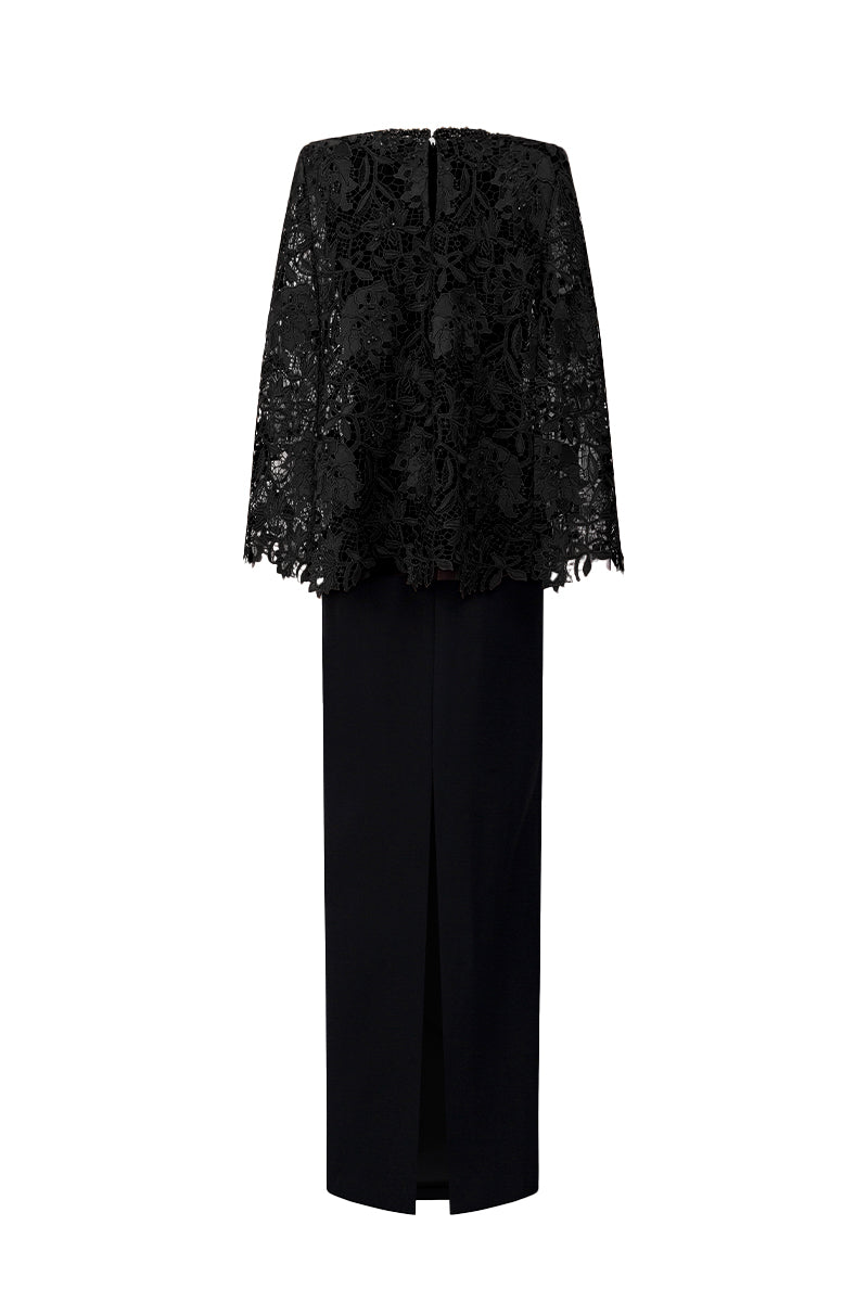 Round Neck Column Gown With Cape In Black Crepe And Black Lily Floral Lace